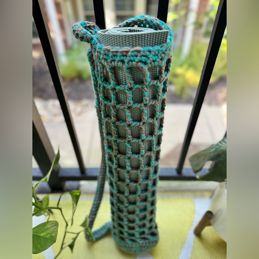 Handmade Crochet Yoga Mat Bag in Teal and Brown